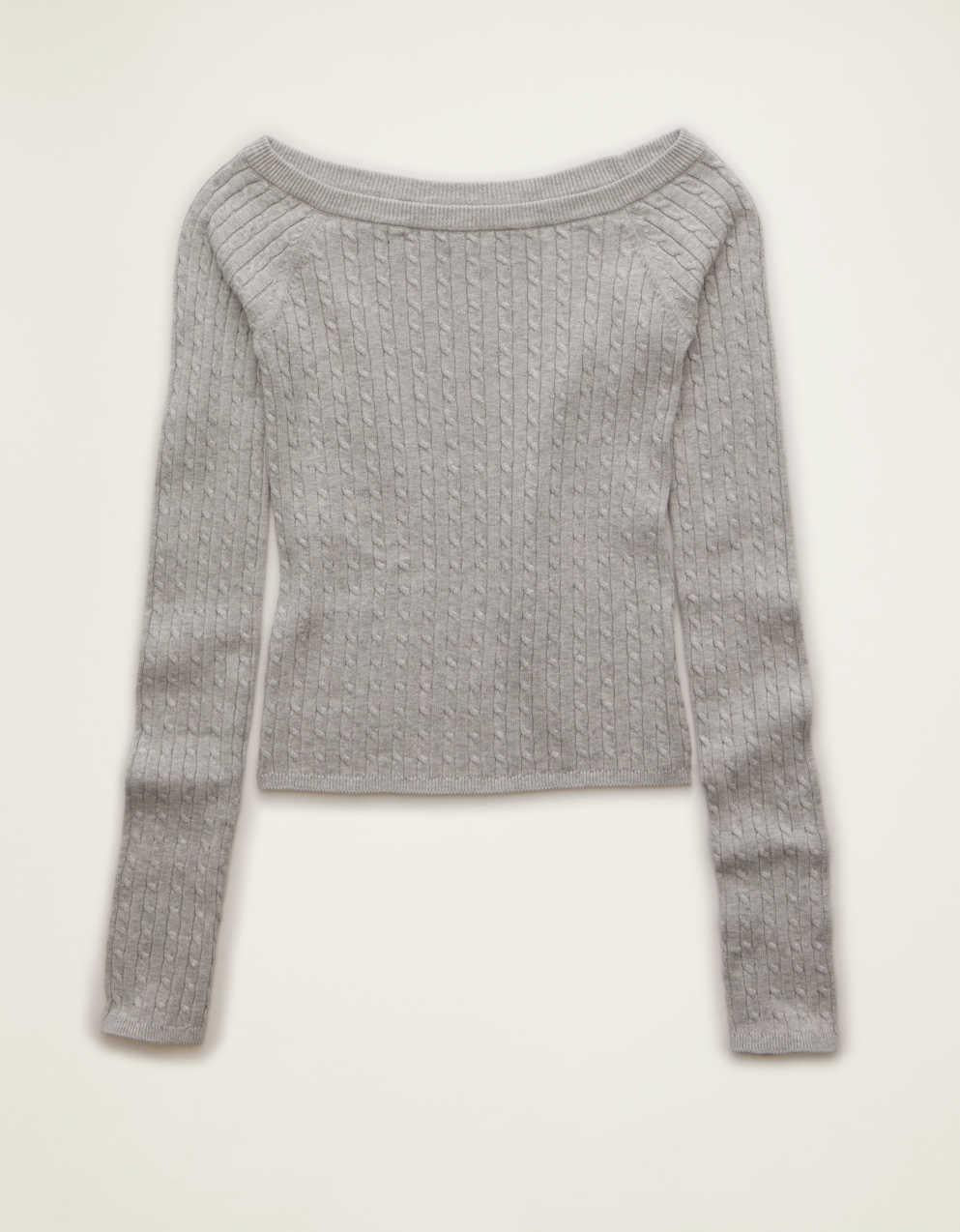 AE Fitted Off-the-Shoulder Cable Knit Sweater