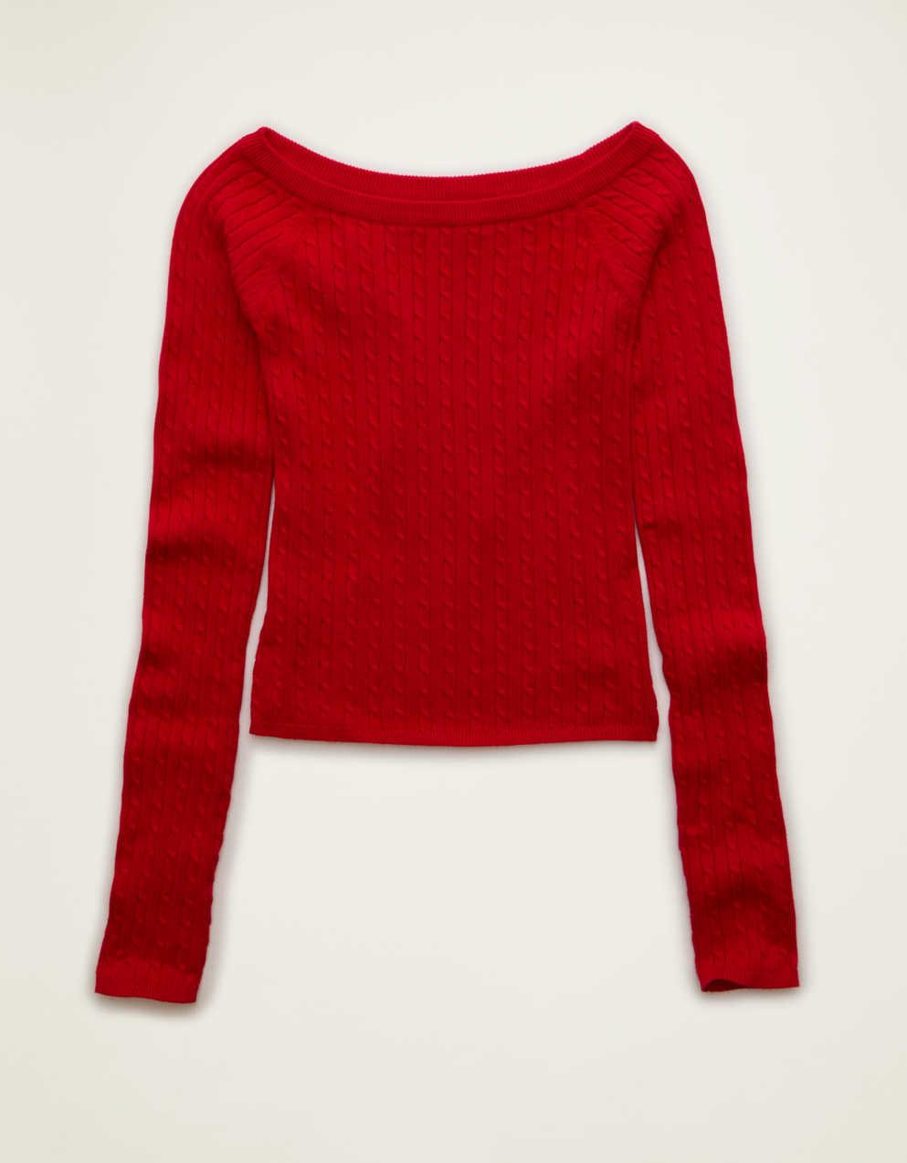 AE Fitted Off-the-Shoulder Cable Knit Sweater