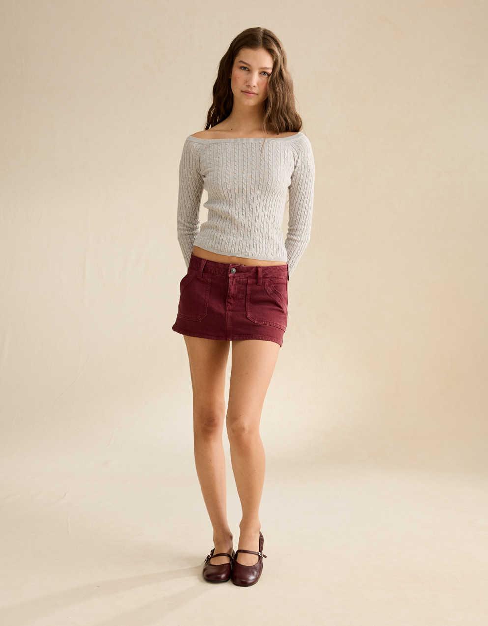 AE Fitted Off-the-Shoulder Cable Knit Sweater
