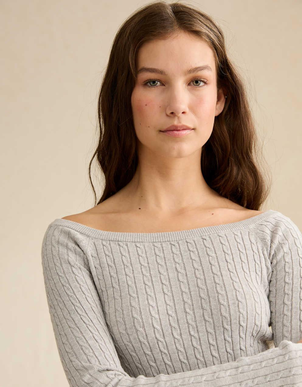AE Fitted Off-the-Shoulder Cable Knit Sweater