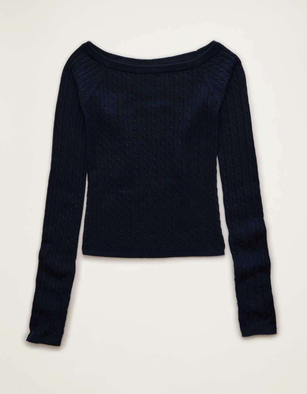 AE Fitted Off-the-Shoulder Cable Knit Sweater