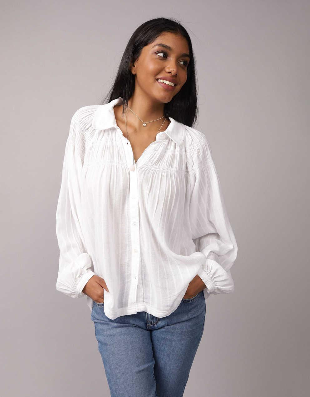 AE Long-Sleeve Smocked Peasant Blouse