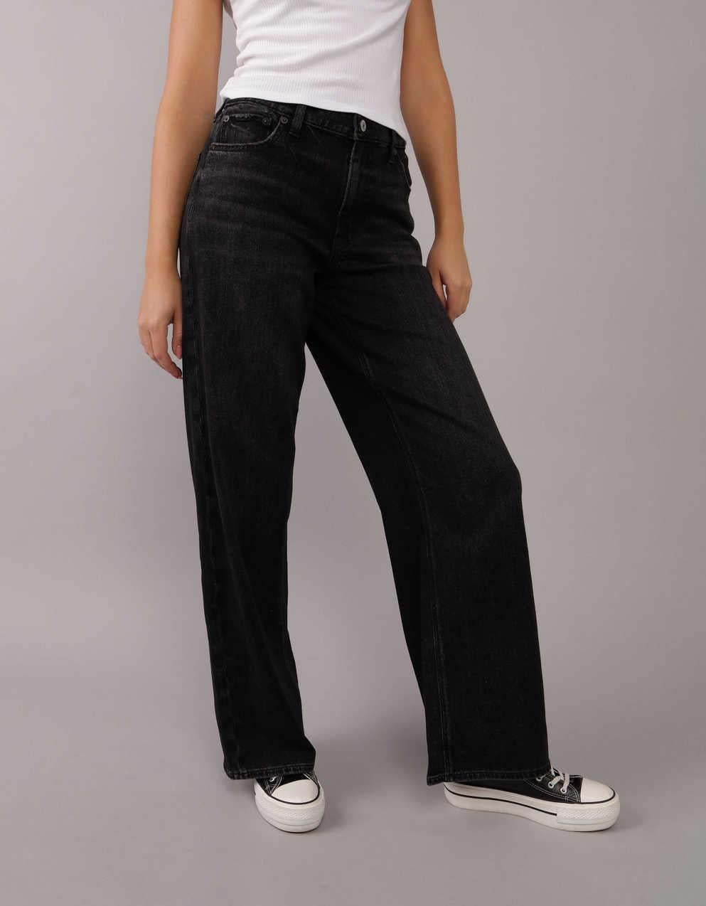 AE 格紋超高腰寬鬆寬腿九分牛仔褲