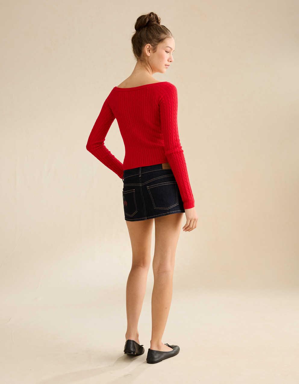 AE Fitted Off-the-Shoulder Cable Knit Sweater