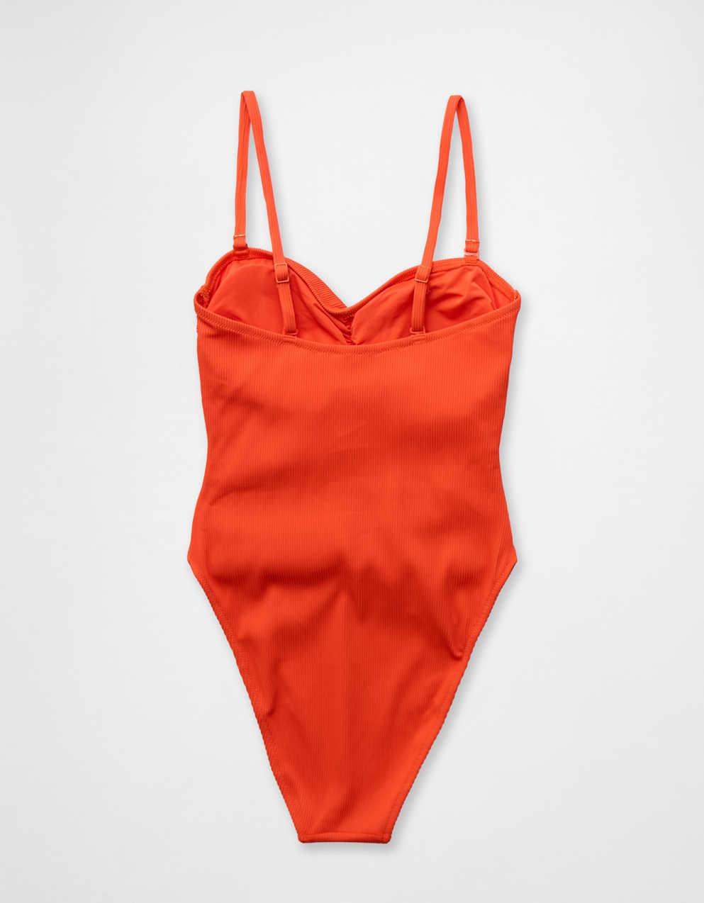 Aerie Ribbed Ruched Bandeau Cheeky One Piece Swimsuit