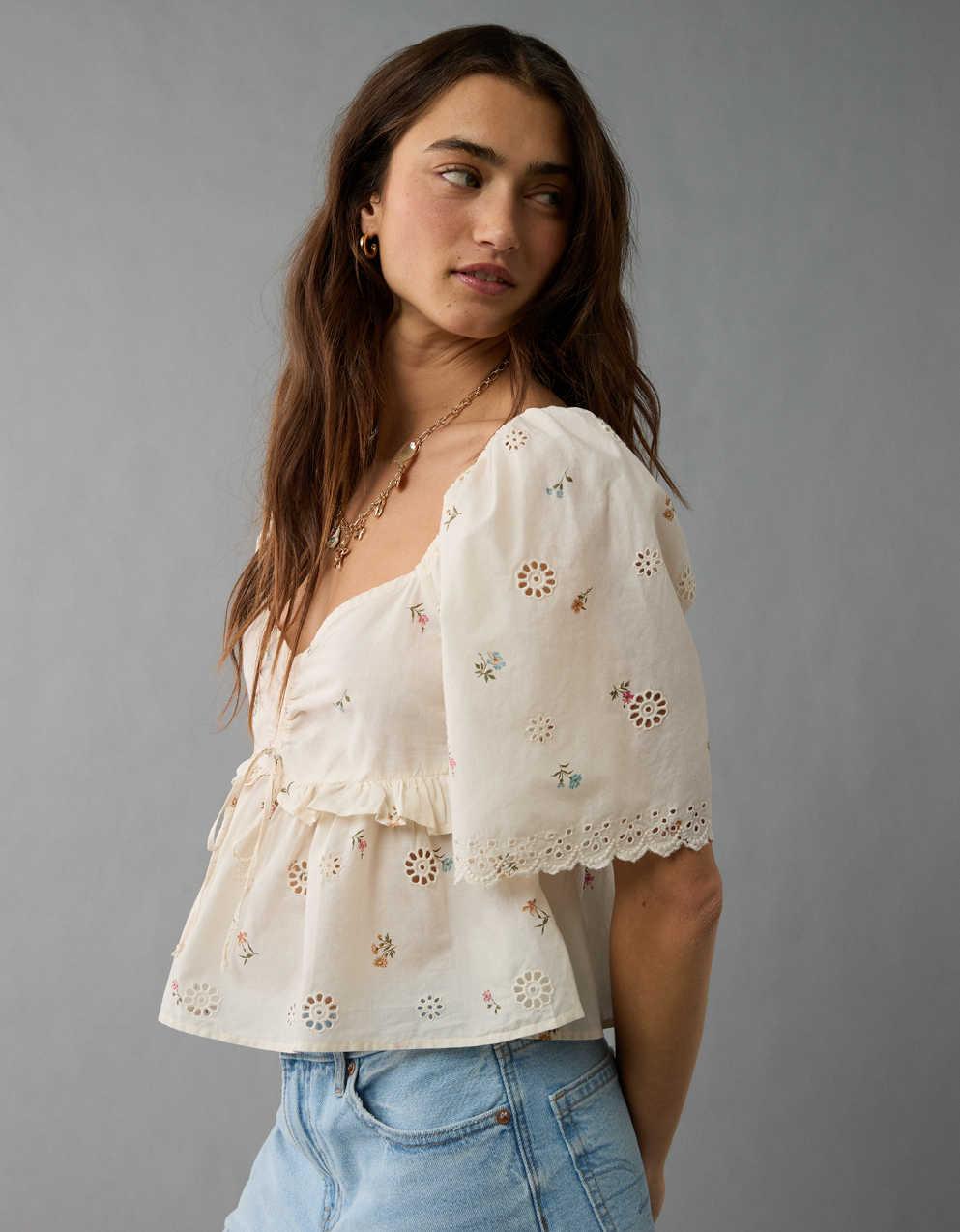AE Flutter Sleeve Eyelet Babydoll Blouse