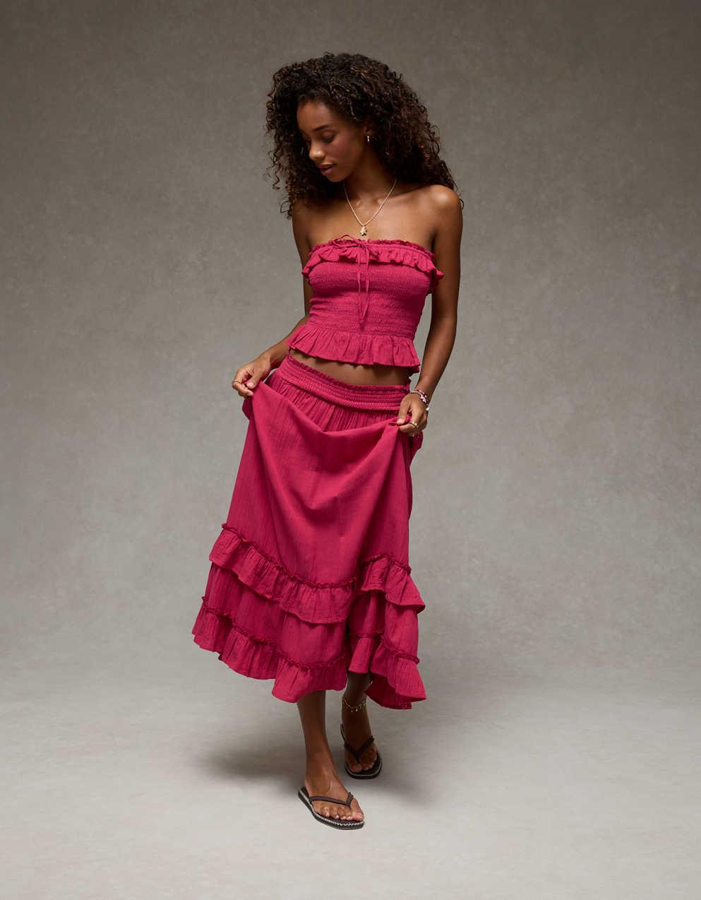 AE Mid-Rise Tiered Ruffle Maxi Skirt